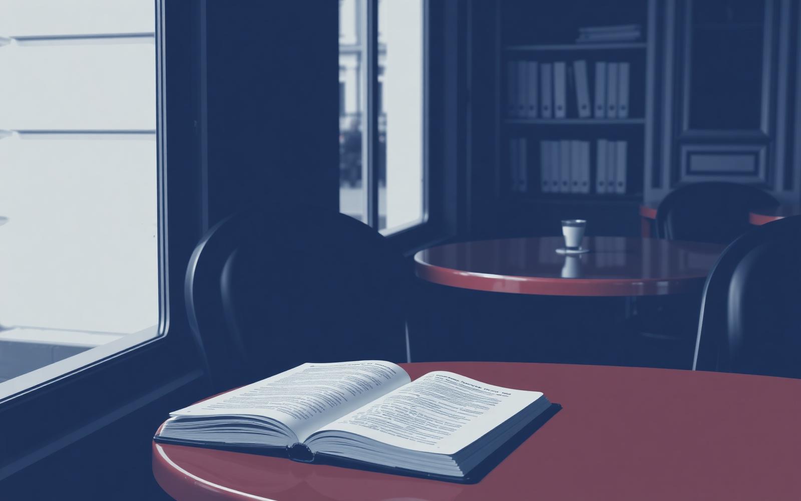 Manuel de français sur une table de café parisien